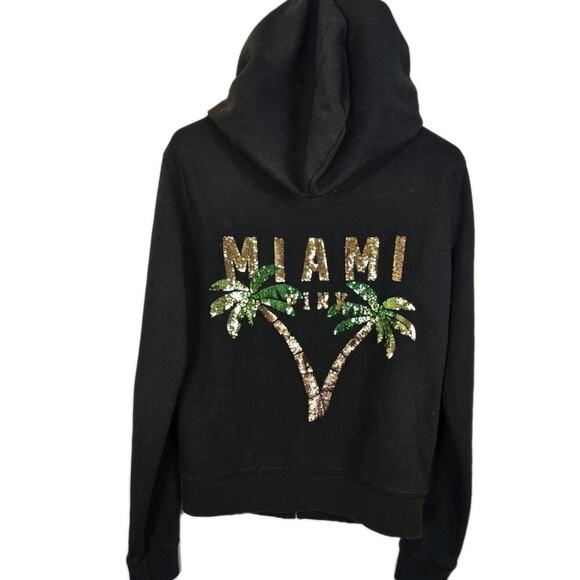 PINK Victoria's Secret Tops - Victorias Secret PINK Sequin MIAMI Palm Tree Black Zip Up Hoodie RARE Vintage